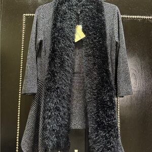 Lauren Michelle Black and Gray Cardigan Sweater faux fur very elegant